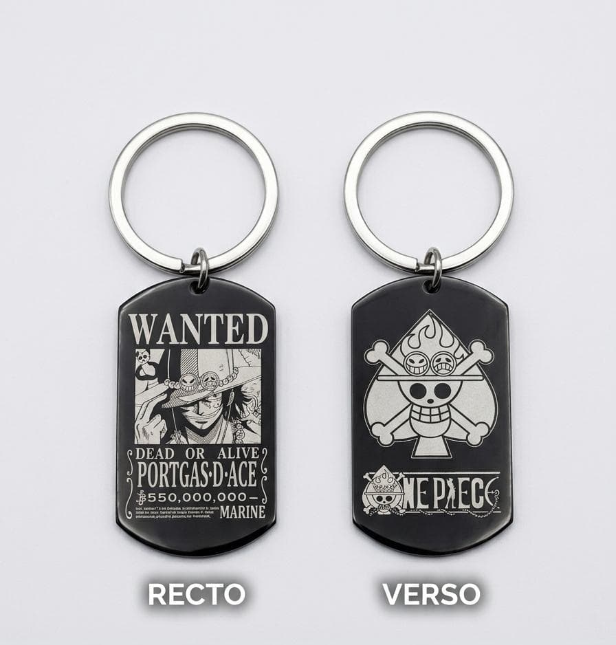Porte-clés One Piece Ace – Plaque "Wanted" Acier Inoxydable Gravée (Prime 550M) 