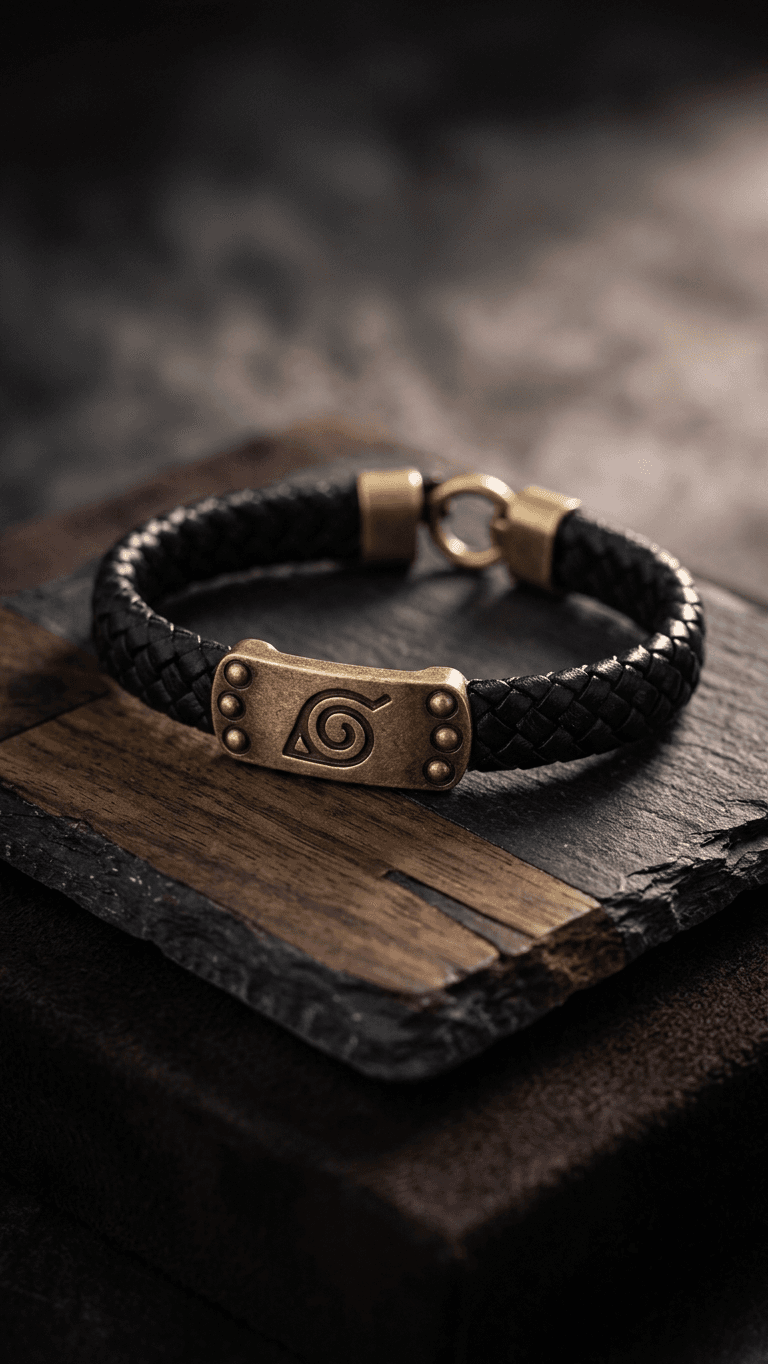 Bracelet Naruto – Cuir Noir Tressé & Plaque Bronze Antiqué Symbole Konoha